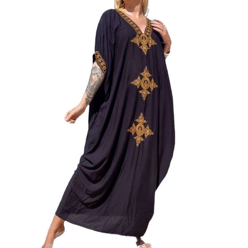 European and American Summer Cotton Gold Embroidered Robe Vacation Comfortable Loose Beach Hoodie 2025 New Casual Versatile Fashion Clothing