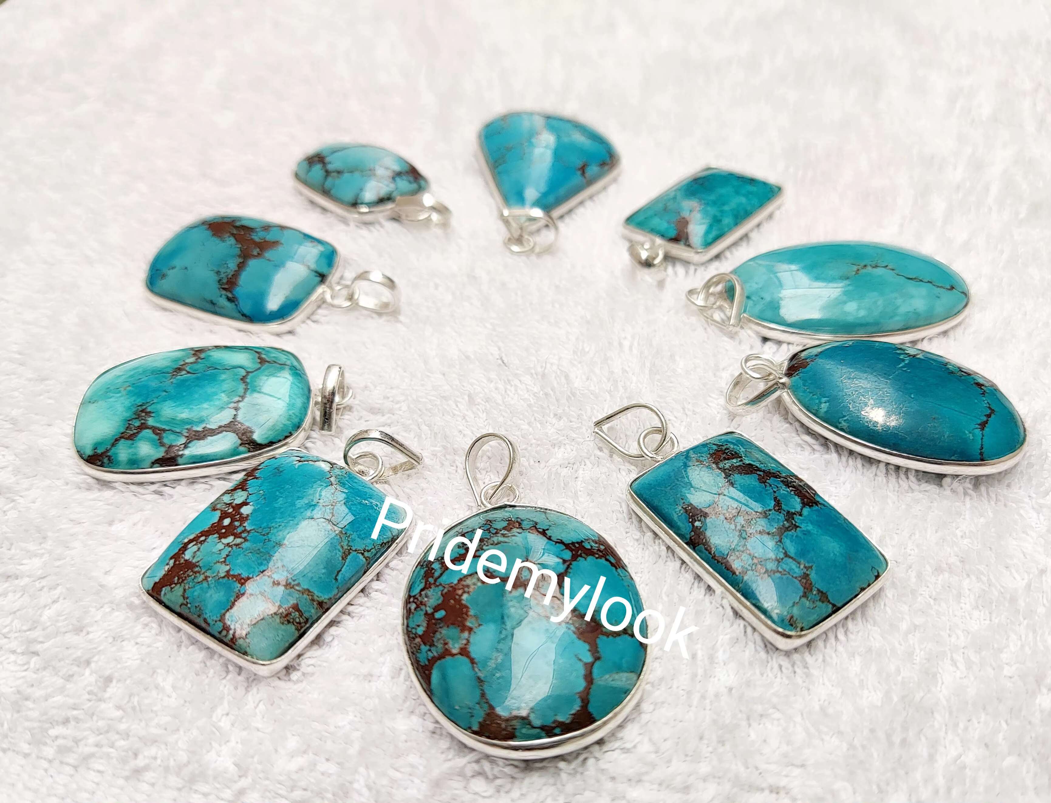 Natural magnesite turquoise inlaid pendant, sier plated necklace, mixed design, fashionable women's accessory
