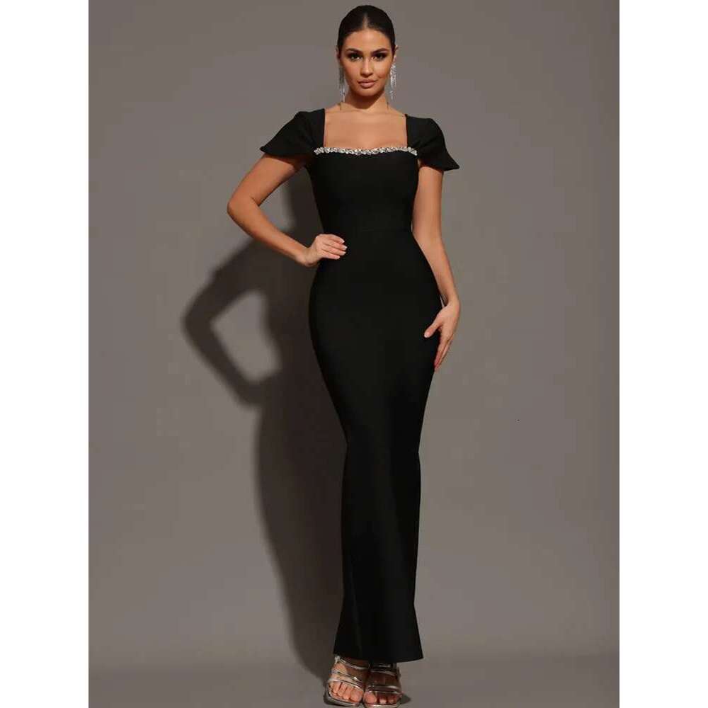 Women Celebrity Sexy Square Collar Black Red Blue Dias Maxi Long Bandage Dress 2025 Elegant Evening Club Party Outfit
