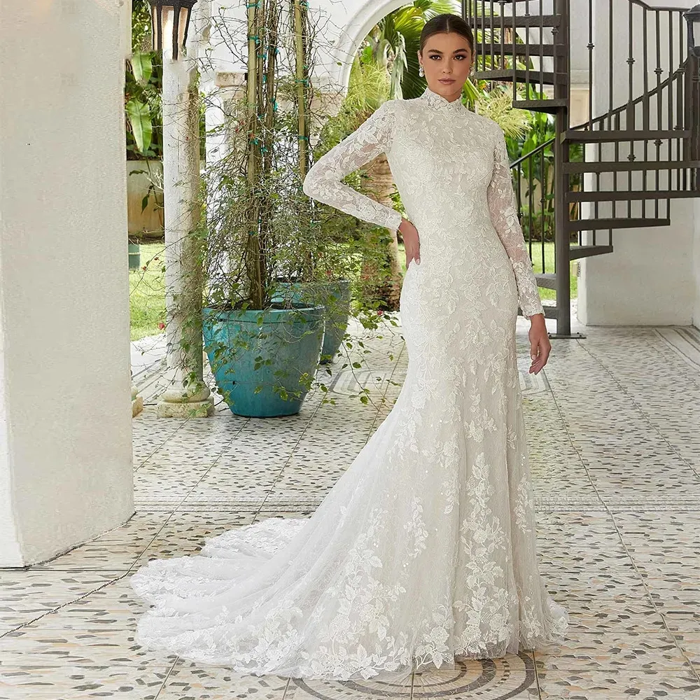 Full Lace Mermaid Wedding Dress High Neck Long Sleeves Court Train Bridal Gown church garden beach birde outfit cutomsized
