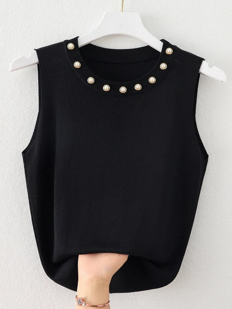 Tank Top with Camisole for Women Round Neck Nail Bead White Stylish Knit Sweater Sleeveless Tshirt Outerwear 250513