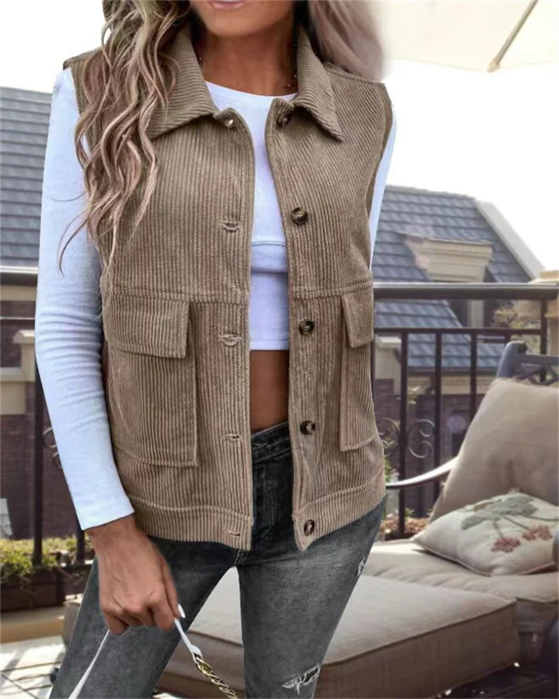 Ladies corduroy vest sleeveless large pocket casual autumn and winter suit collar singlebreasted jacket 250506