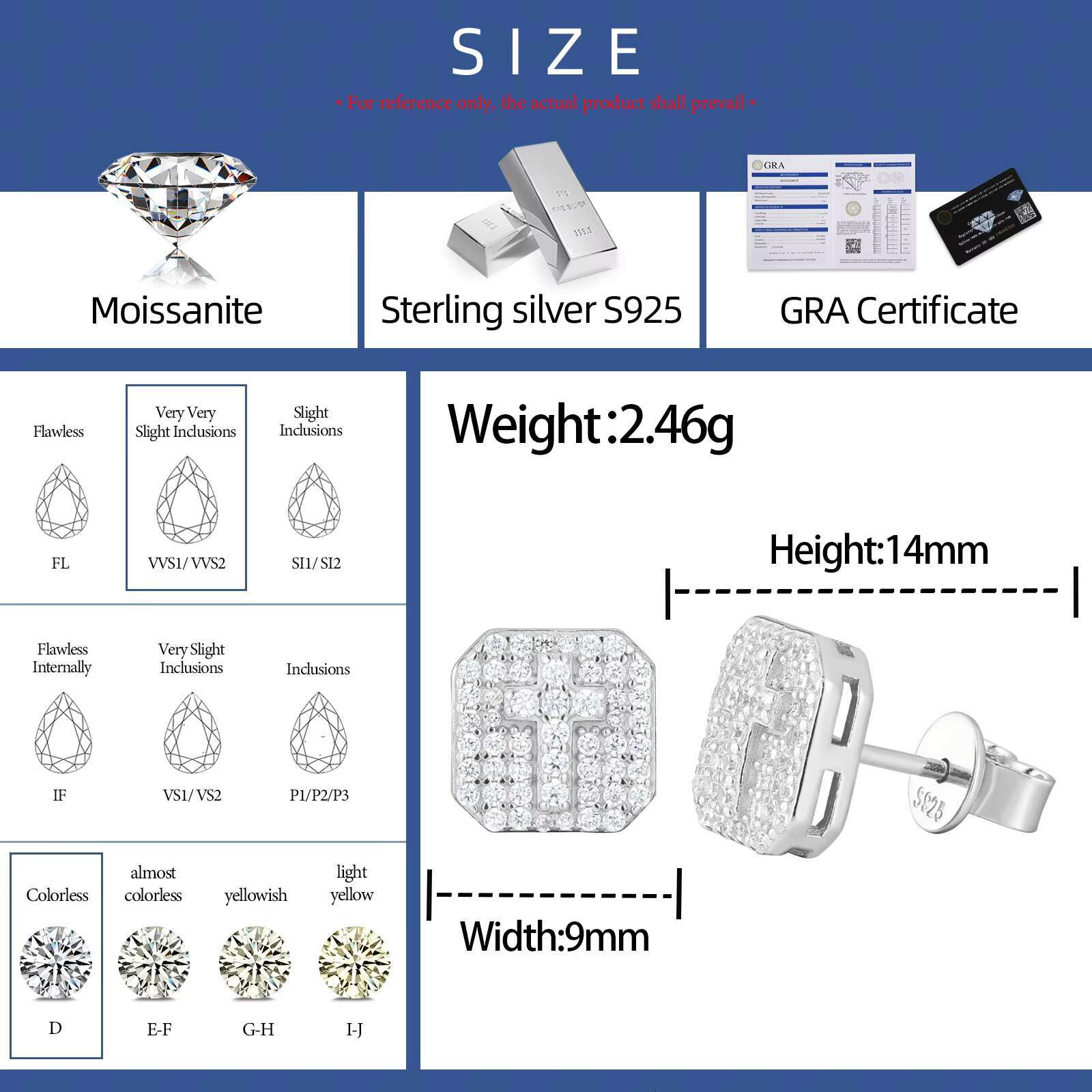 Delicate Unisex Style Hip Hop Jewelry 18K Gold Plated 925 Sterling Silver Moissanite Diamond Iced Out Cross Stud Earring
