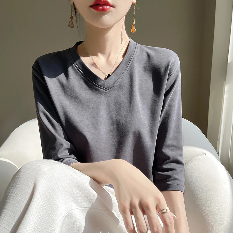 Spring Summer Mercerized Cotton Cropped Sleeve TShirt Womens Round Neck Loose 100% ShortSleeved Bottoming Shirt 250513