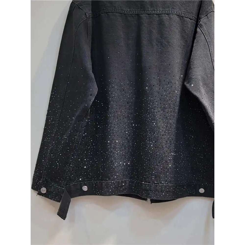 DEAT Women Denim Coat Turn-down Collar Full Dias Hot Rhinestone Black Loose Single Breasted Jackets 2025 Summer New Fashion
