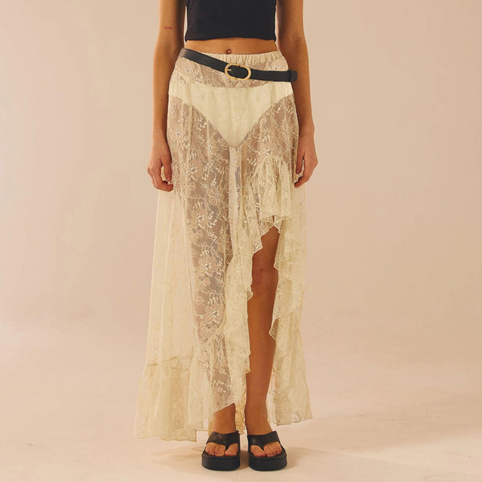 Women Asymmetrical Lace Flowy Skirts Vintage Long High Waist Ruffle Midi Aesthetic Ladies See Through Elastic 250513