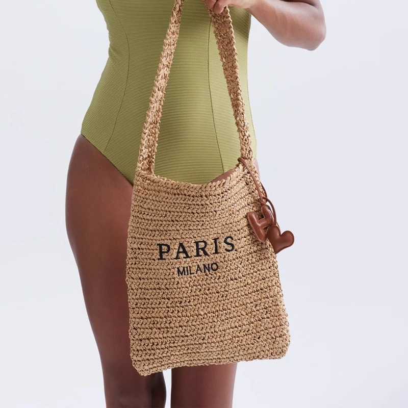 Casual Letters Straw Women Shoulder Bags Paper Woven Crossbody Bag Handmade Summer Beach Bag Small Tote Bali Purses 2024 Z250513