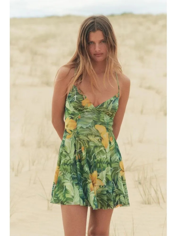 HipSeam Women Print Short Dress Spring Casual Spaghetti Strap Womens Tulle Mini Pleated Backless Female Dresses 250513