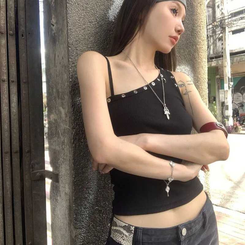 Lucyever Black Sexy One Shoulder Vest Tops Women Streetwear Ribbed Sleeveless Slim Fit Tank Female Y2K Grunge Punk Crop Tops M250513