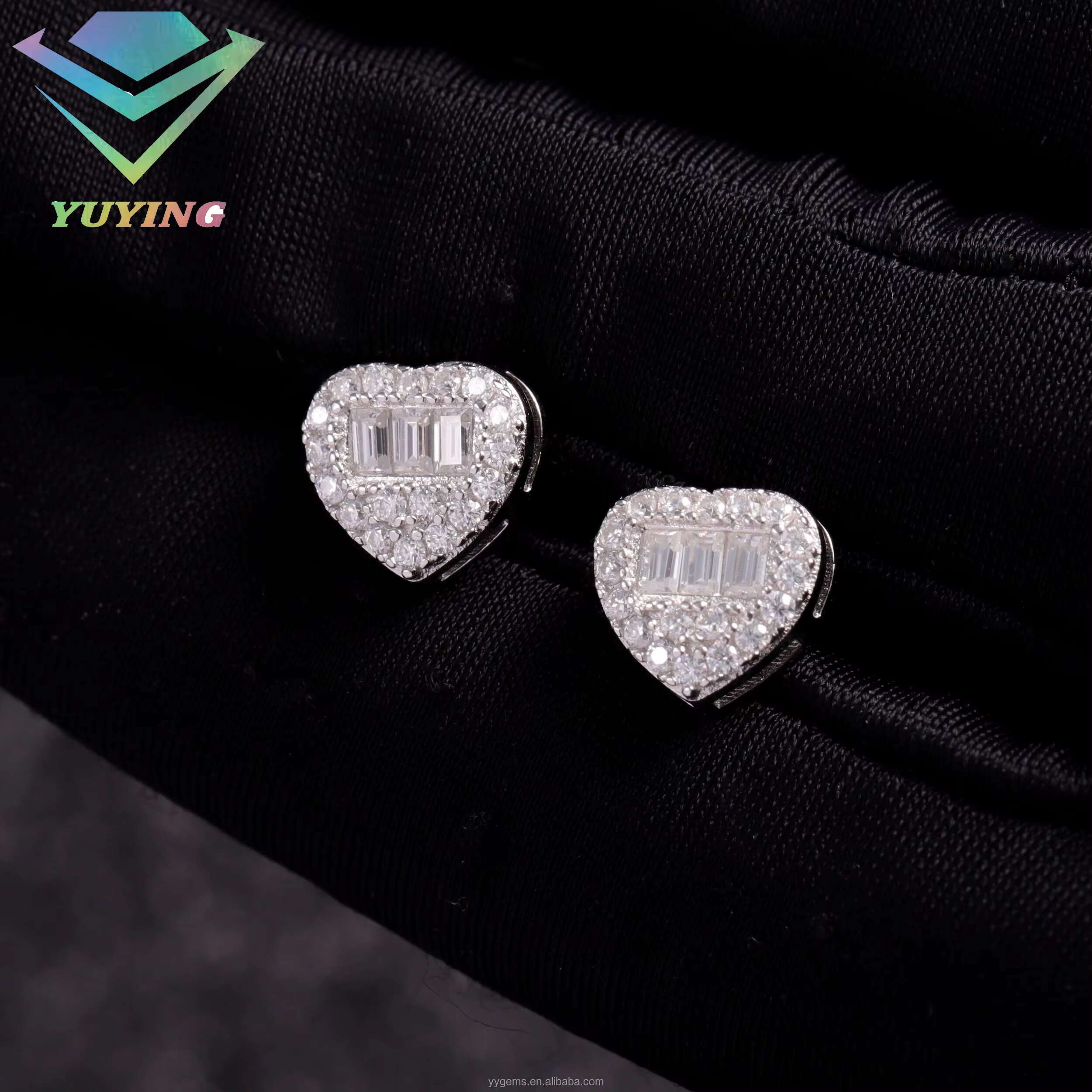 Popular Design Gold Plated 925 Sterling Silver Iced Out Baguette Moissanite Diamond Heart Shape Earring Studs for Hip Hop Life