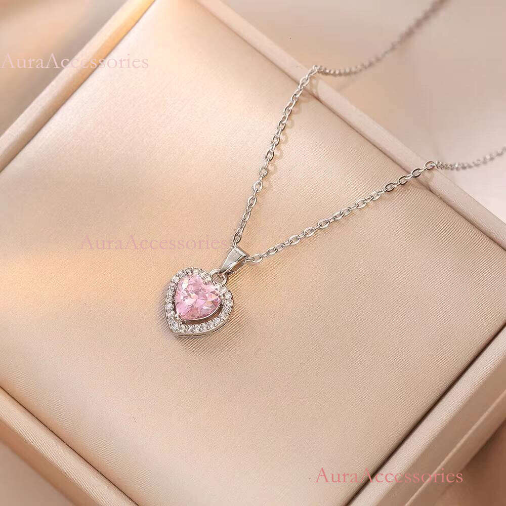 Fine Jewelry Set Sier Solid Pink Heart Pendant Necklace and Earrings for Parties