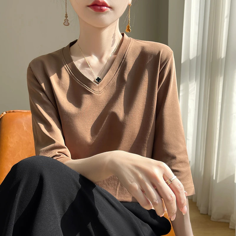 Spring Summer Mercerized Cotton Cropped Sleeve TShirt Womens Round Neck Loose 100% ShortSleeved Bottoming Shirt 250513