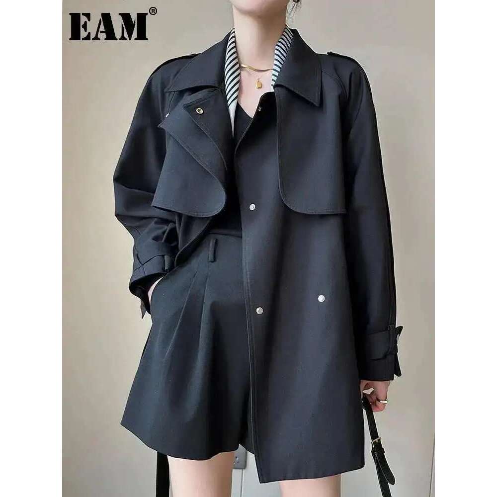 EAM Black Belted Big Size Jacket Loose Fit New Lapel Long Sleeve Women Quilted Coat Fashion Tide Spring Autumn 2025 30A1210