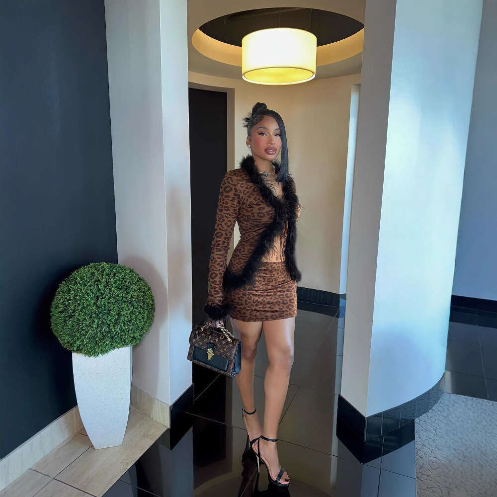 Fashionable And Sexy New Product, Fur Patchwork Lace Up Cardigan, Long Sleeved Top, Leopard Print Skirt Set, Two-Piece Set B5