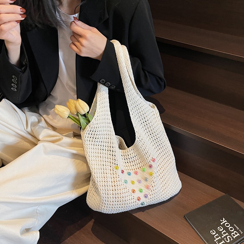 Beach commuting one shoulder tote vacation woven summer colorful pearl hollow out large capacity armpit bag, women's
