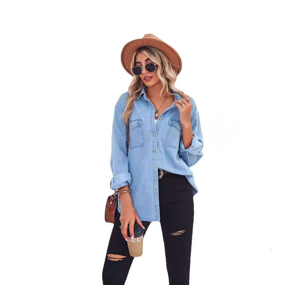 Manufacturer direct sales of European American new light colored slimming denim long sleeved shirt for women in 2025, with a unique and elegant temper