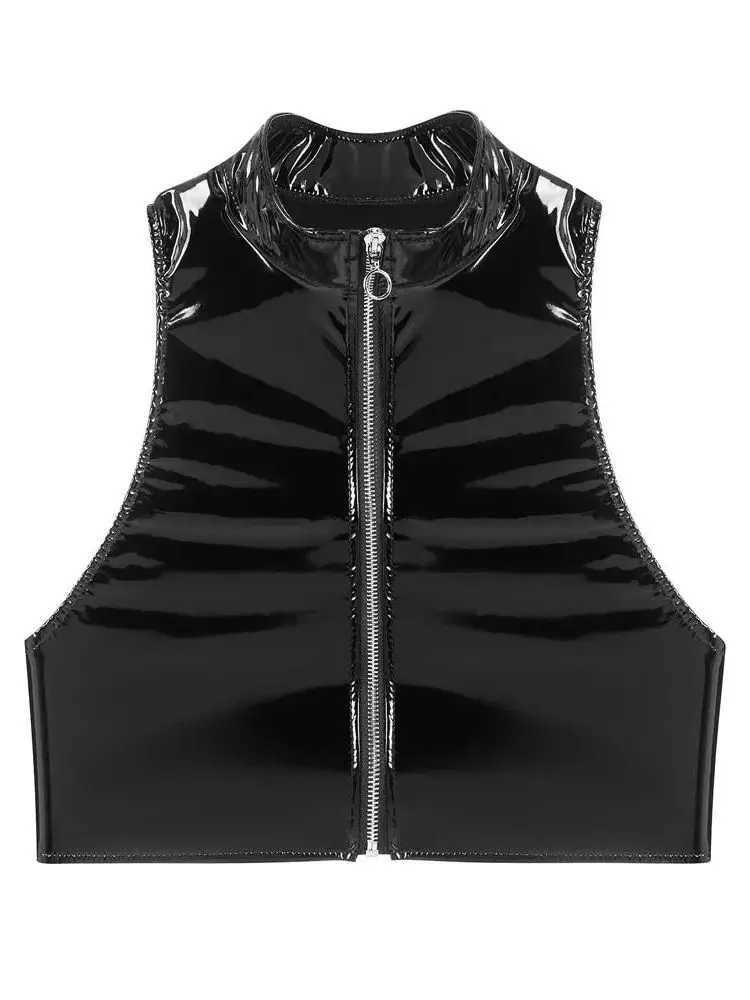 S-3XL Wet Look PVC Bustier Tank Top Shiny PU Leather Crop Tops Sleeveless Zipper Vest Camis Tights Sexy Clubwear Croptop Cropped M250513