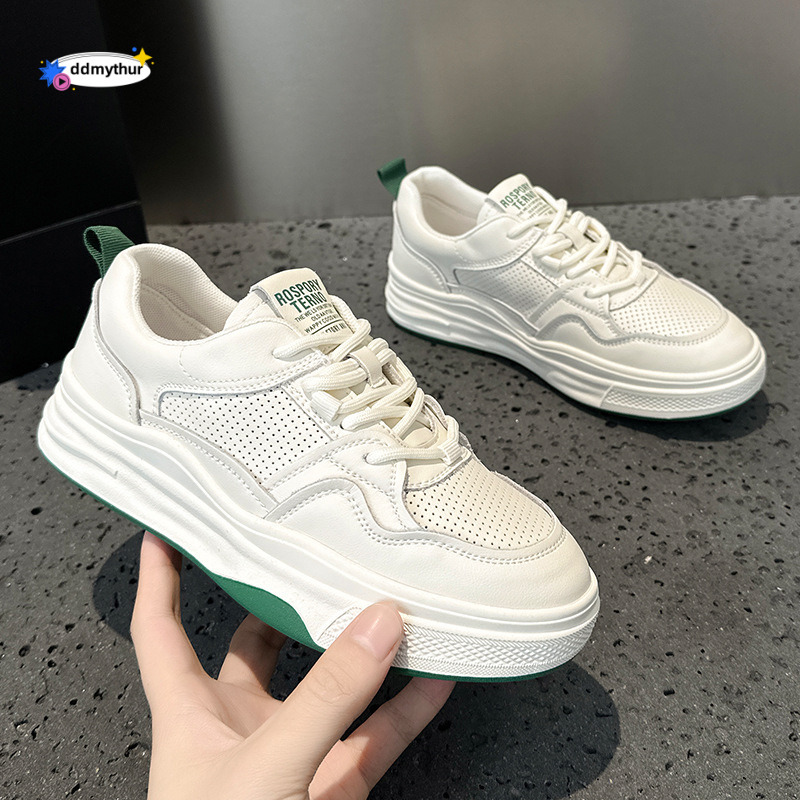 Real leather white shoes for women 2025 new summer mesh breathable board shoes, paired thin skirts, versatile with one foot pedaling ddmythur