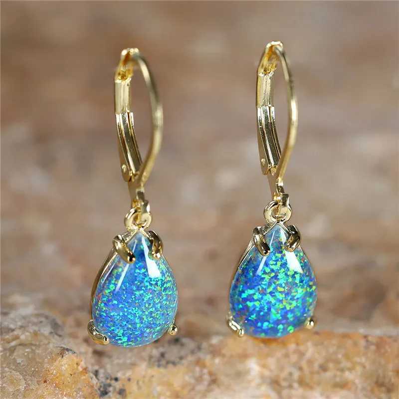 Female White Fire Opal Stone Classic Gold Color Water Drop Earrings Cute Dangle Boho Jewelry For Women Y250510