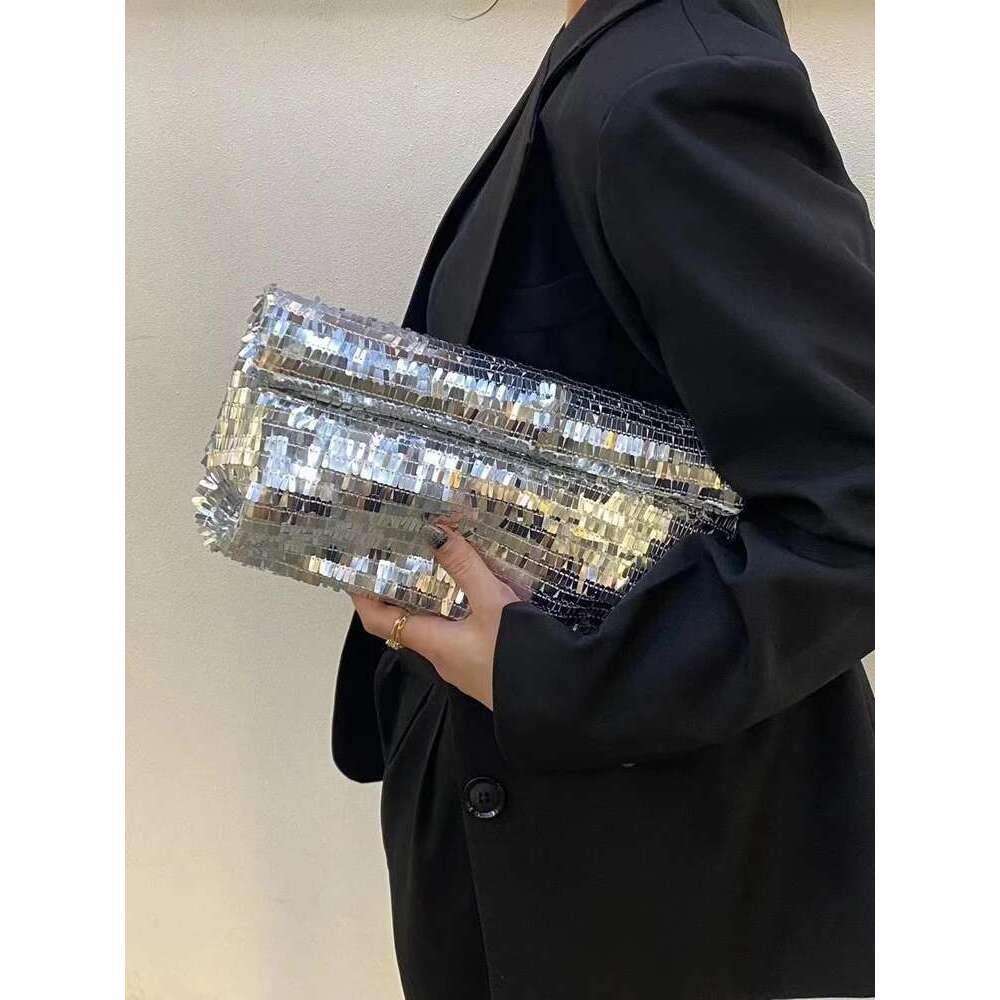Women Sier Evening Clutch Bag Designer Shining Sequins Party Wedding Purse Fashion Trends Handbag Black Metal Wallet