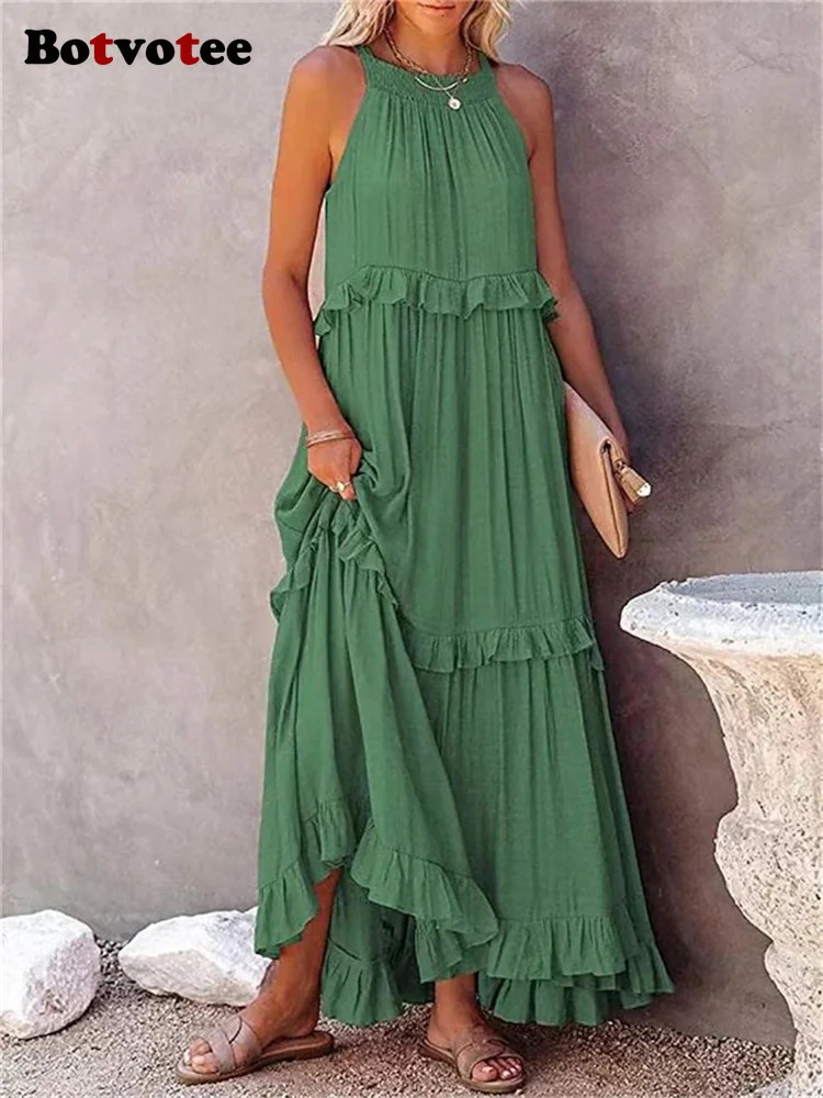 Botvotee Summer Maxi Ruffle Dresses for Women Elegant Female Holidays Beach Long Dress Party Sleeveless Loose White Purple 250513