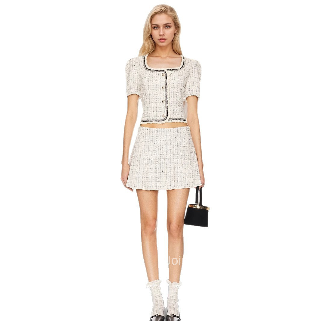 Elegant Fashionable Womens Clothing New Button Decoration Short Sleeved Vest Short Skirt Two-piece Commuting Womens Suit