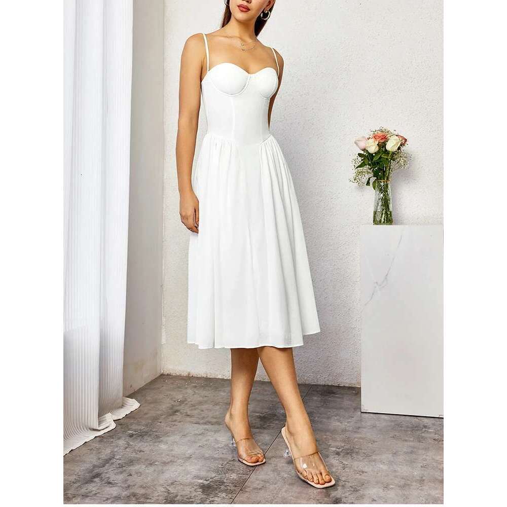 NewAsia Women's Adjustable Straps Backless Midi Corset Dress Flowy Fishbone A-Line Going Out Casual Long Dresses White