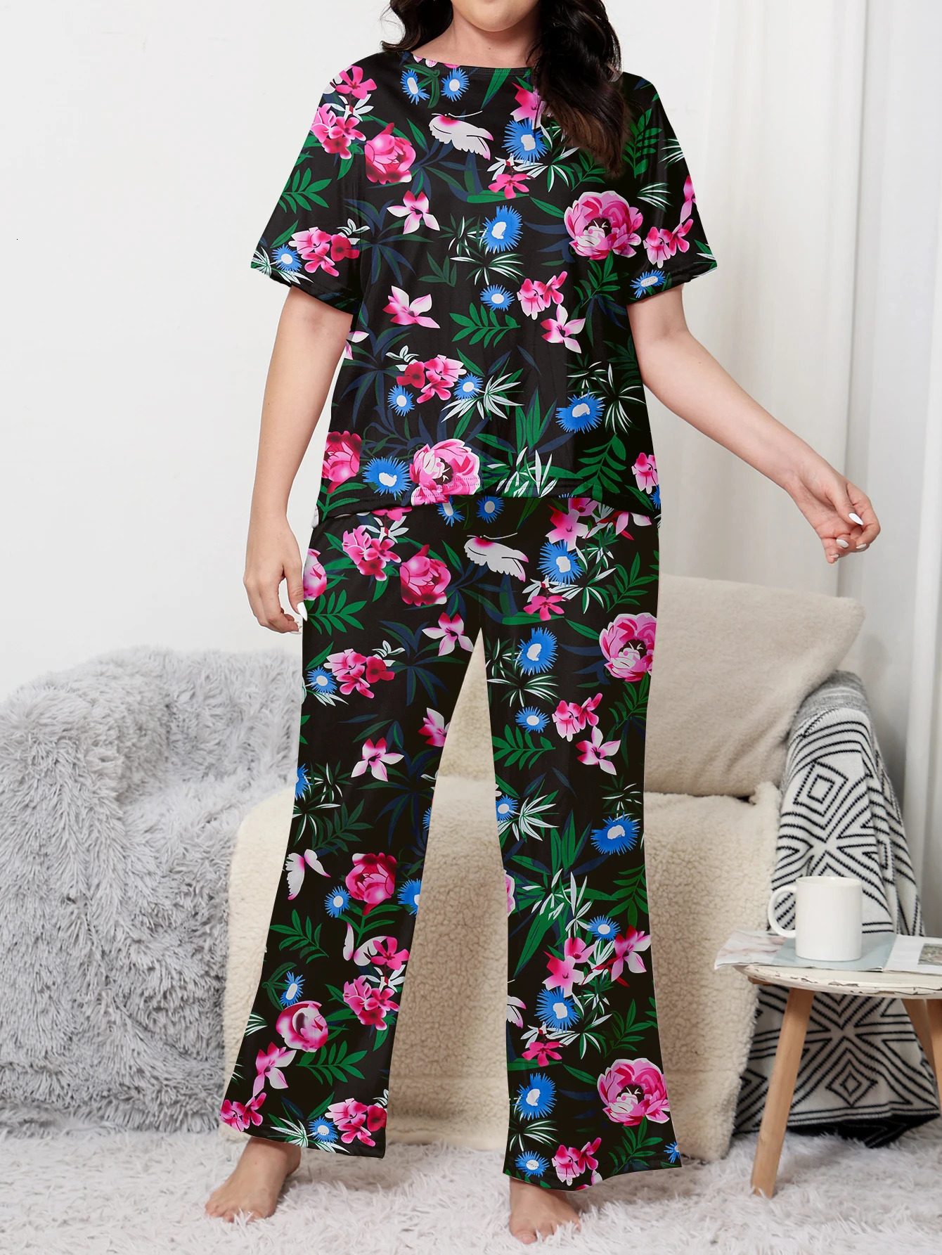 Plus size pajama clothing plus home set short sleeved long pants can be worn with milk silk mater 250506