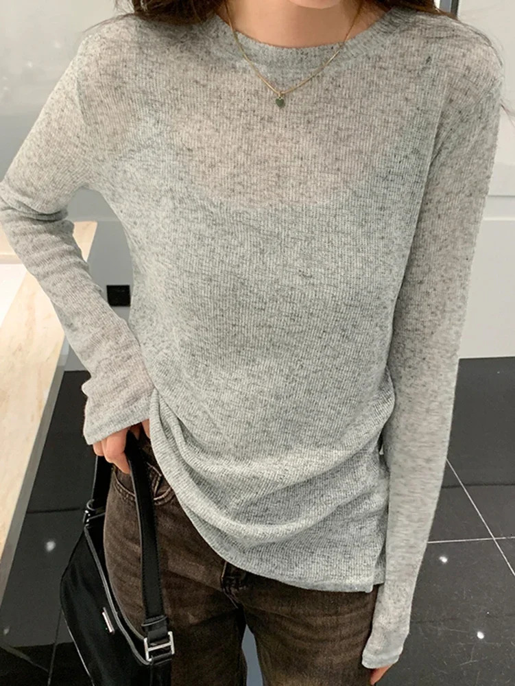AOSSVIAO Womens White Long Sleeve TShirt Spring Summer Basic Loose Fit Fashion Sexy See through Casual Tee Femme Thin 250513