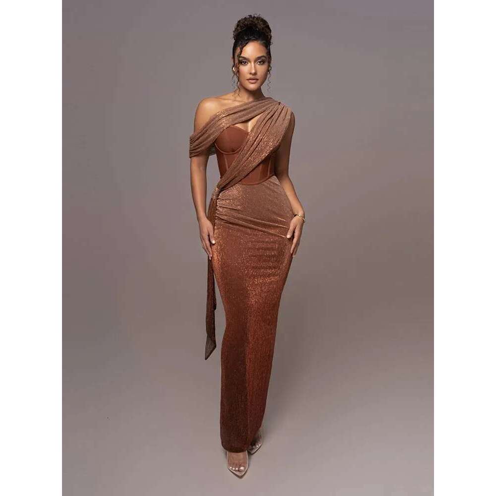 Sexy One Shoulder Draped Glitter Long Dress Women Brown Corset Sparkly Backless Bodycon Maxi Dresses Evening Party Gowns