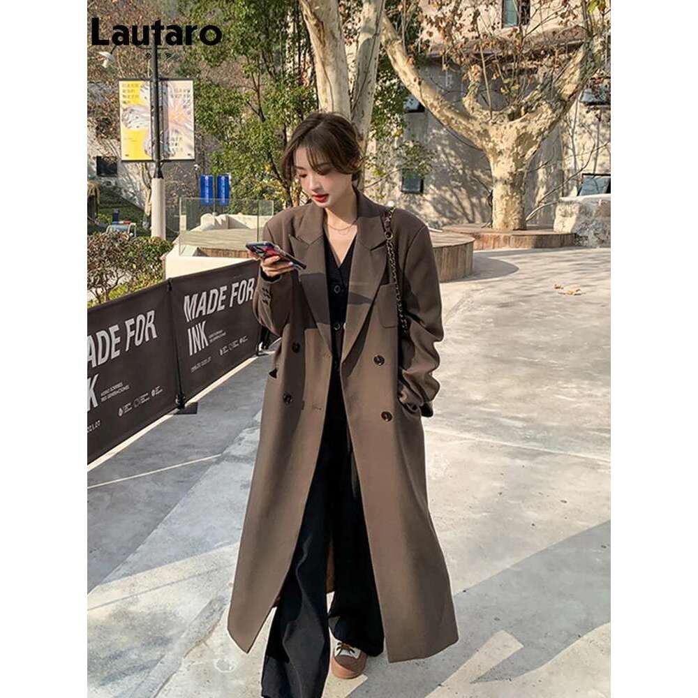 Lautaro Autumn Long Coffee Flowy Blazer Coat Women with Back High Slit Double Breasted Loose Casual Korean Fashion Overcoat 2024
