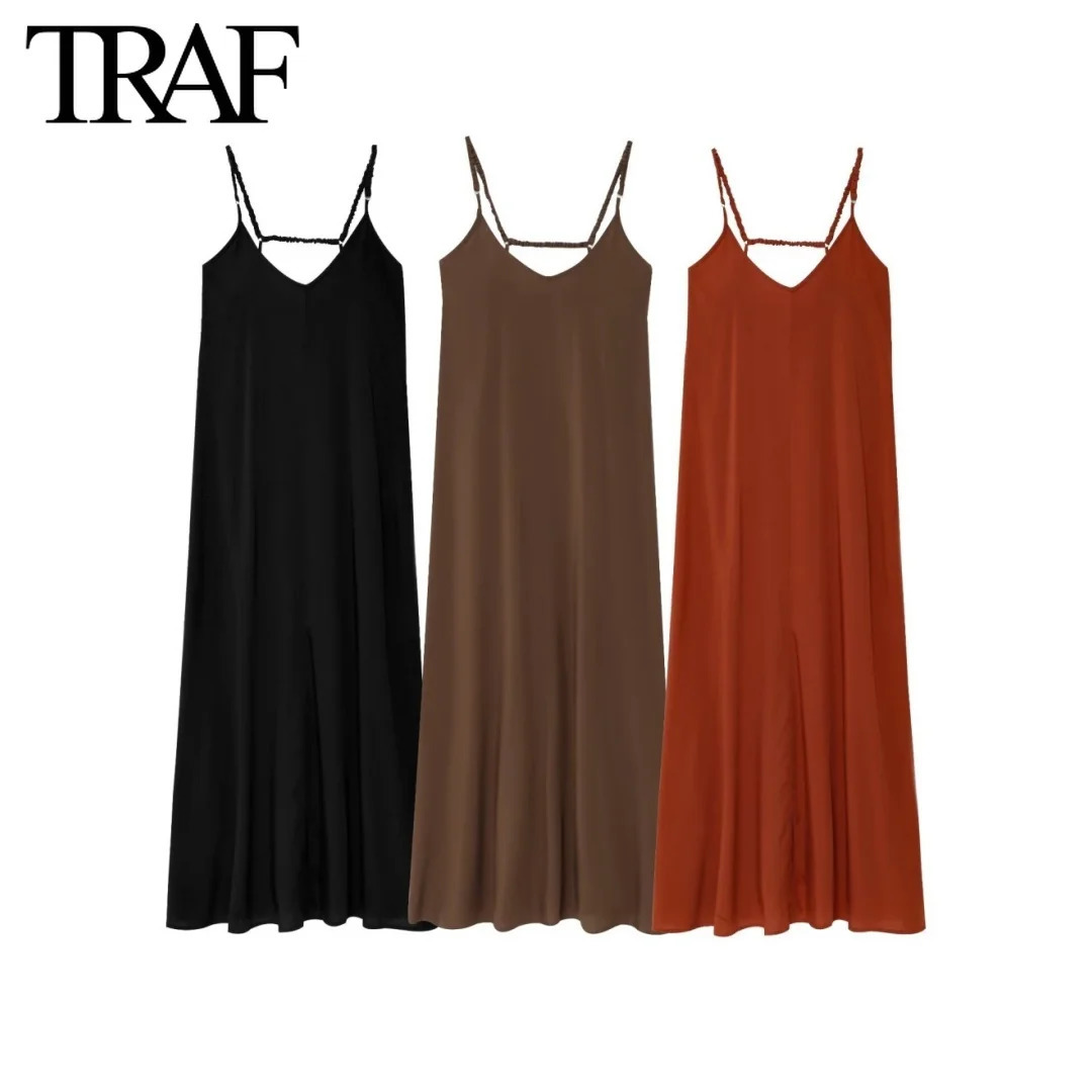 TRAF Dress for Women Fashion Summer Solid Fold Backless Sling Sleeveless Midi Dresses Chic Female French Evening 250513