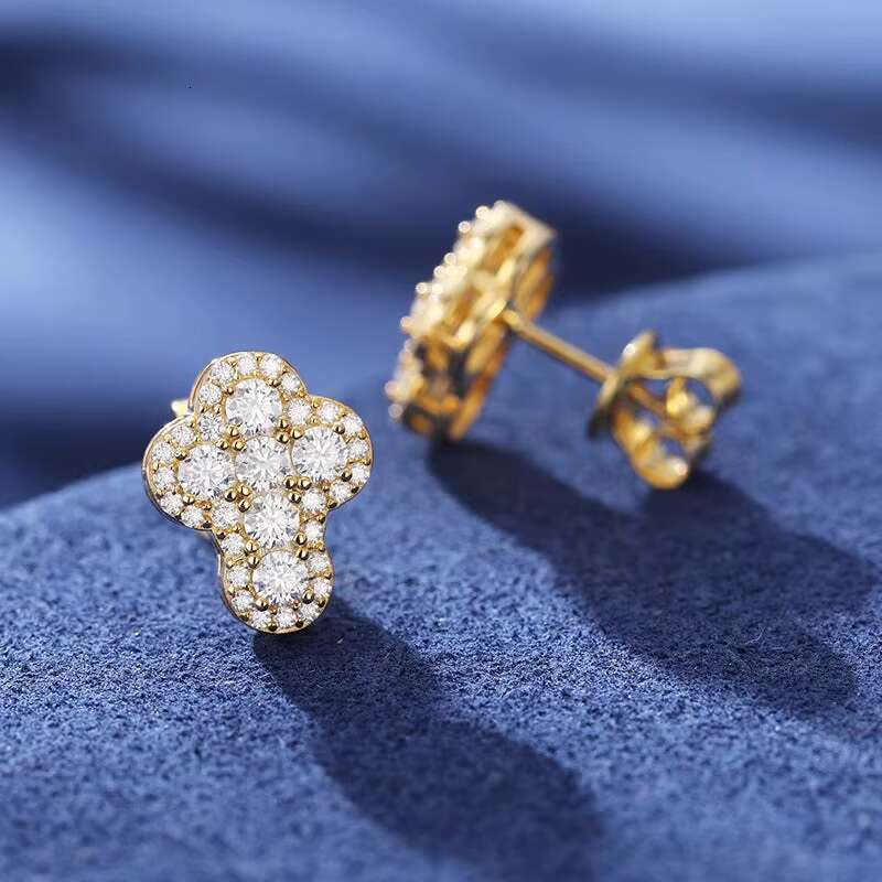 Stylish Gold VVS Moissanite Diamond Cross Stud Earrings with 18K Gold Plating for Anniversary Fine Hip Hop Jewel