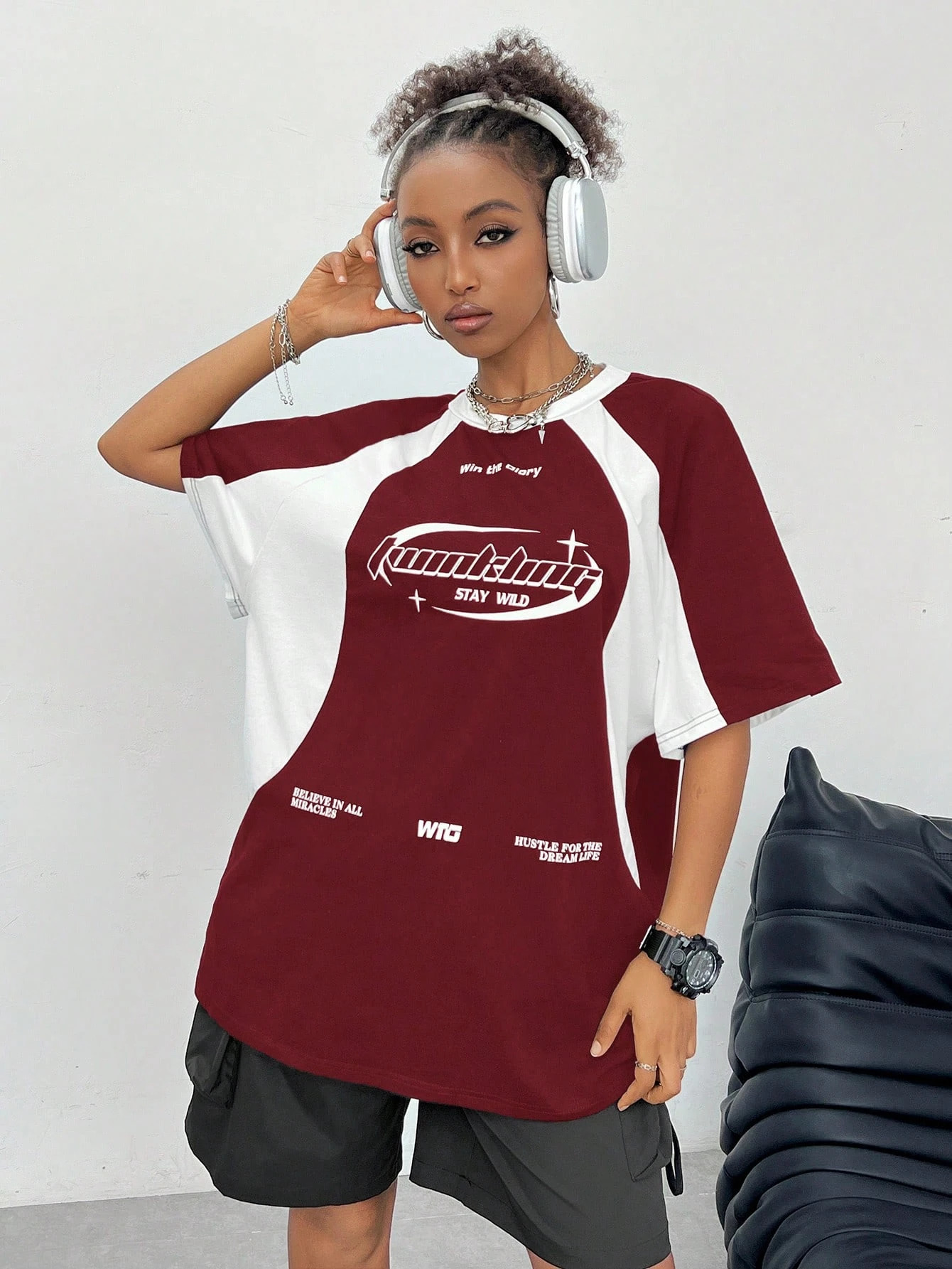 Womens Spring_Summer Streetwear Oversized Racing Motorcycle Print Color Block Raglan Sleeve TShirt Casual Top Tee 250513