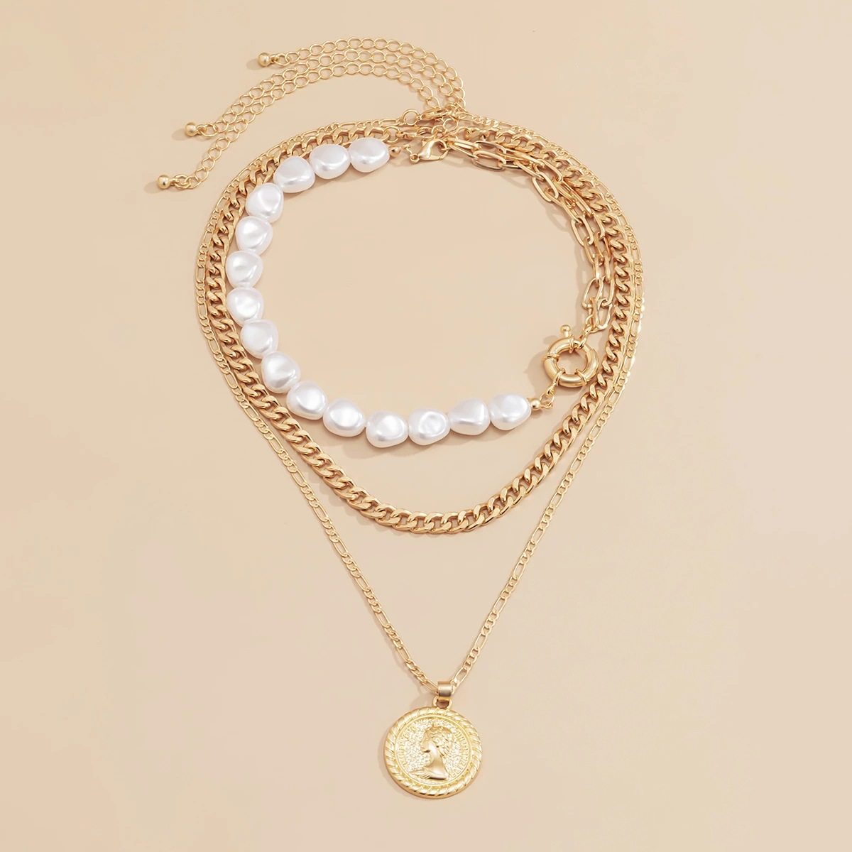 Trendy Multi-Layered Necklace with Coin Pendant & Pearls, Stylish Gold Silver Layered Chain Jewelry for Women