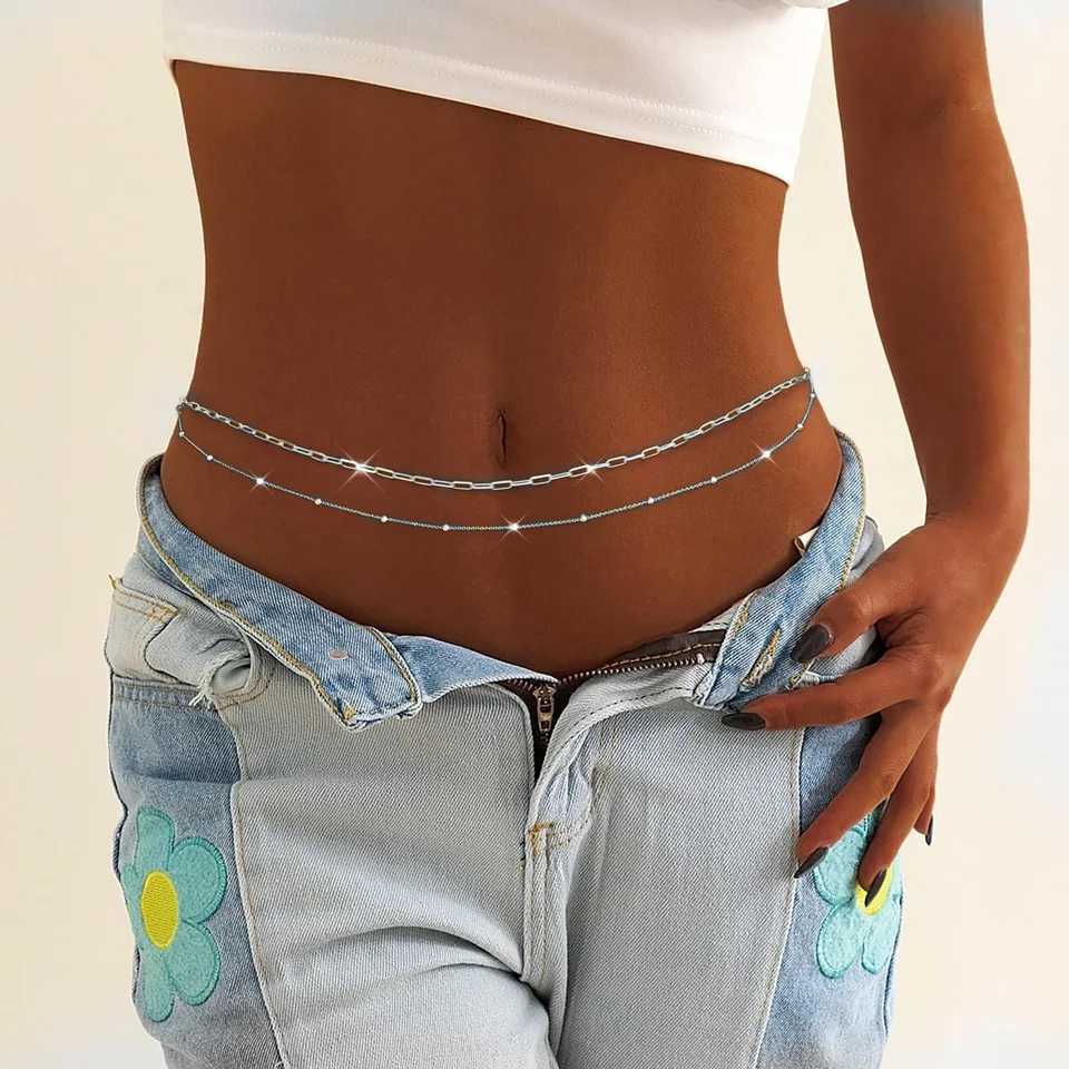 Boho Sexy Gold Color Flat Snake Chain Bellly Waist Chain for Women Rhinestone Belt Body Jewelry Summer Bikini AccessoriesT250513