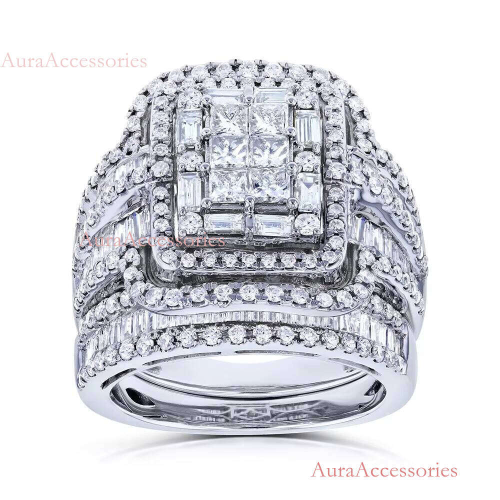 Bride Bague Zircon Full Rectangle Wedding Glitter Rings Women Sier Couple Ring Set