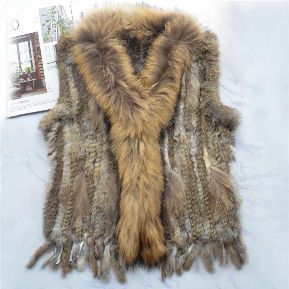 Women Genuine Real Rabbit Vest Coat Tassels Raccoon Fur Collar Jacket Waistcoat Wholesale Drop Shipping