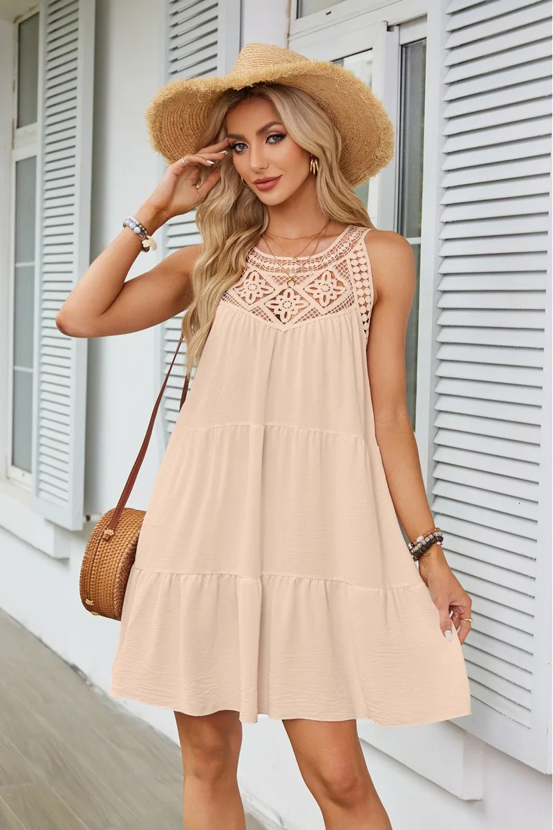 Beach mini dress with camisole sleeveless hollow out lace casual round neck elegant vacation style 250513