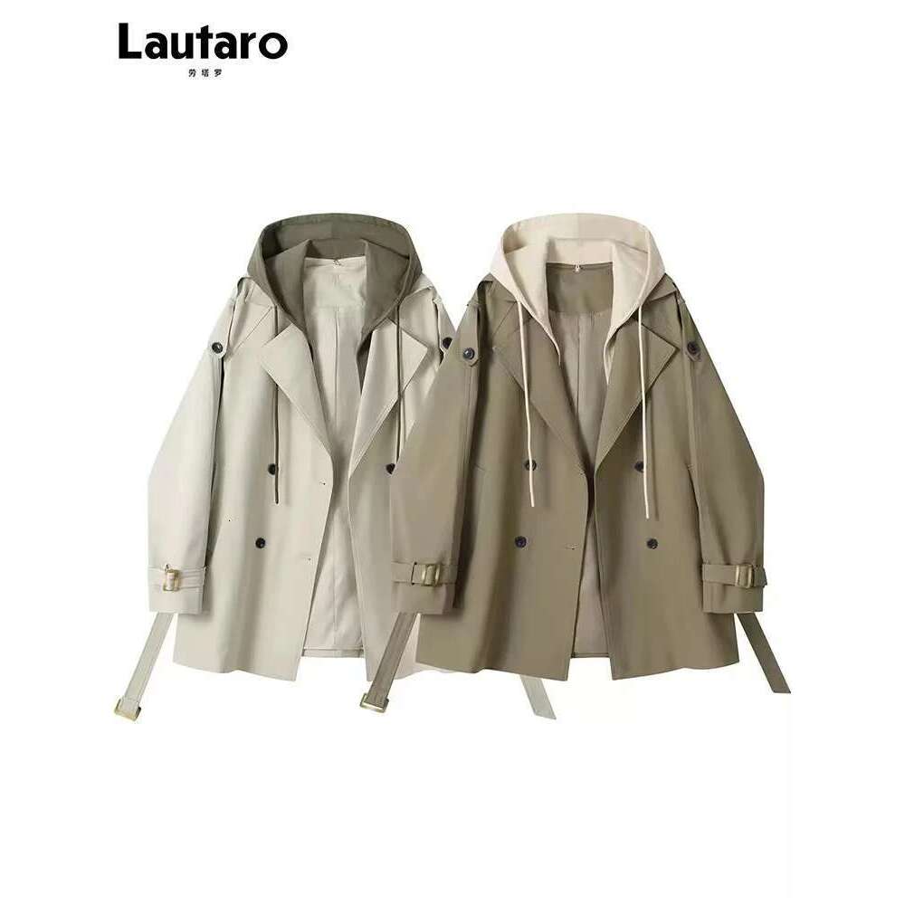 Lautaro Spring Autumn Flowy Casual Trench Coat for Women Belt Double Breasted Loose Designer Fake 2 Pieces Clothes 2024