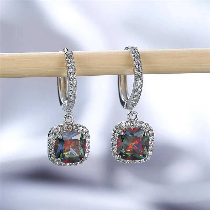 Dainty Female Rainbow Crystal Drop Earrings Rose Gold Silver Color Hoop Earrings Charm Bridal Square Wedding Earrings For Women Y250510