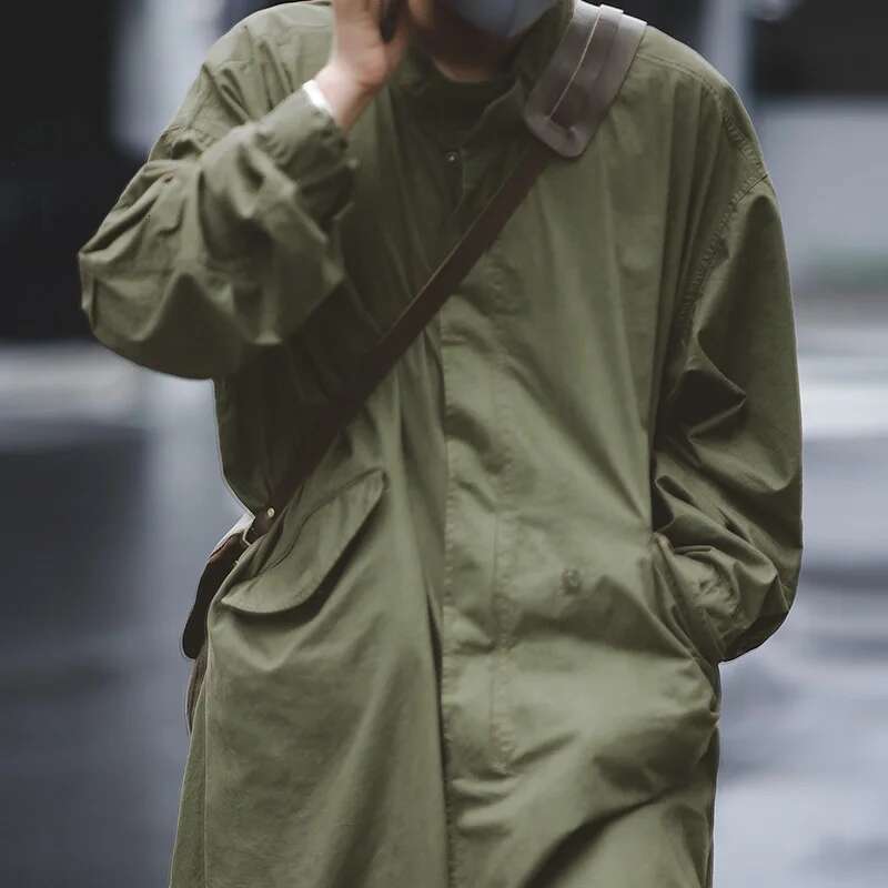 Maden Men's Vintage M51 Fishtail Green And Camel Trench Woven Waist Rope Mid-length Oversized Loose Coat for Men