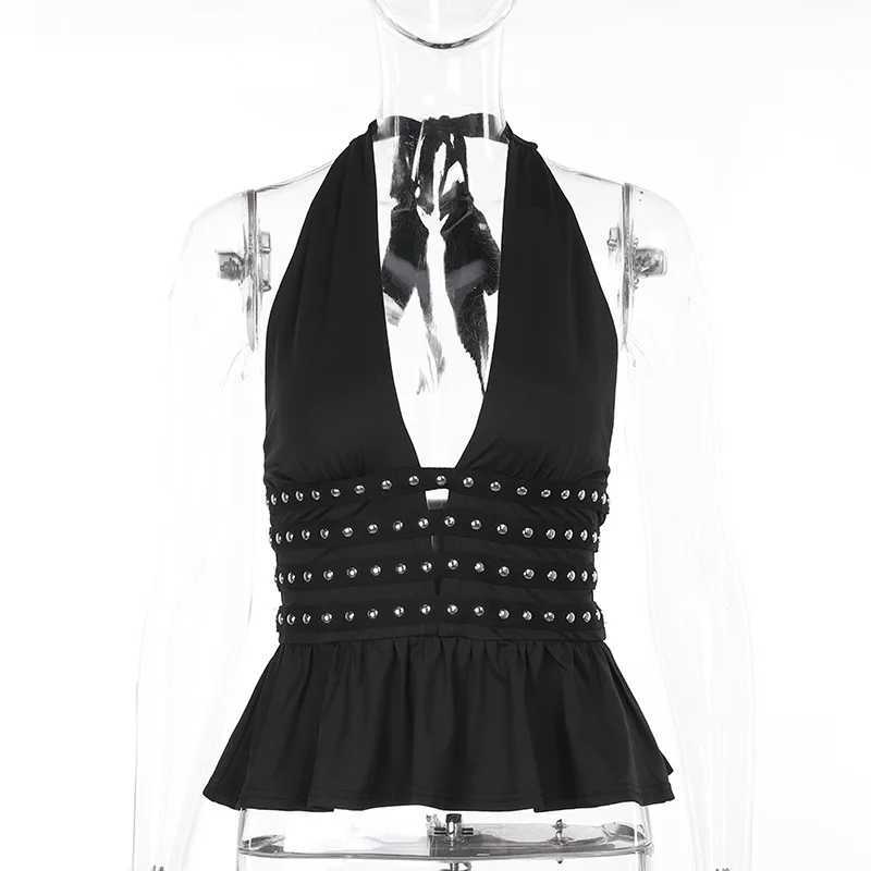Womens Studded Halter Neck Tops Summer Deep V-Neck Backless Shirts Vest for Streetwear Aesthetic Grunge Clothes M250513