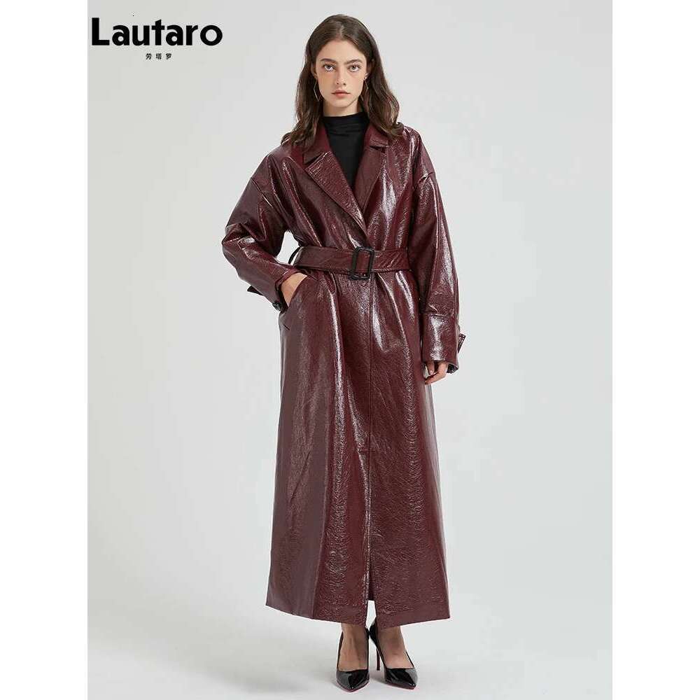 Lautaro Spring Autumn Extra Long Bury Pu Leather Trench Coat for Women with Belt Elegant Designer Maxi Overcoat 2024