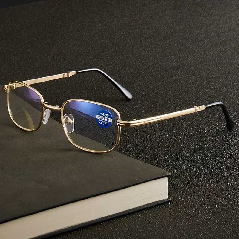 Trend Foldable Metal Blue Light Blocking Reading Glasses Men Portable Metal Eyewear Presbyopia Diopter Glasses with Leather Case W250513