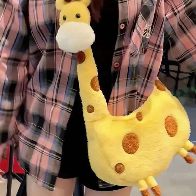 Cartoon Giraffe Crossbody Girl Portable Pouch With Zipper Cutegiraffe Shape Animal Plush Shoulder Bag