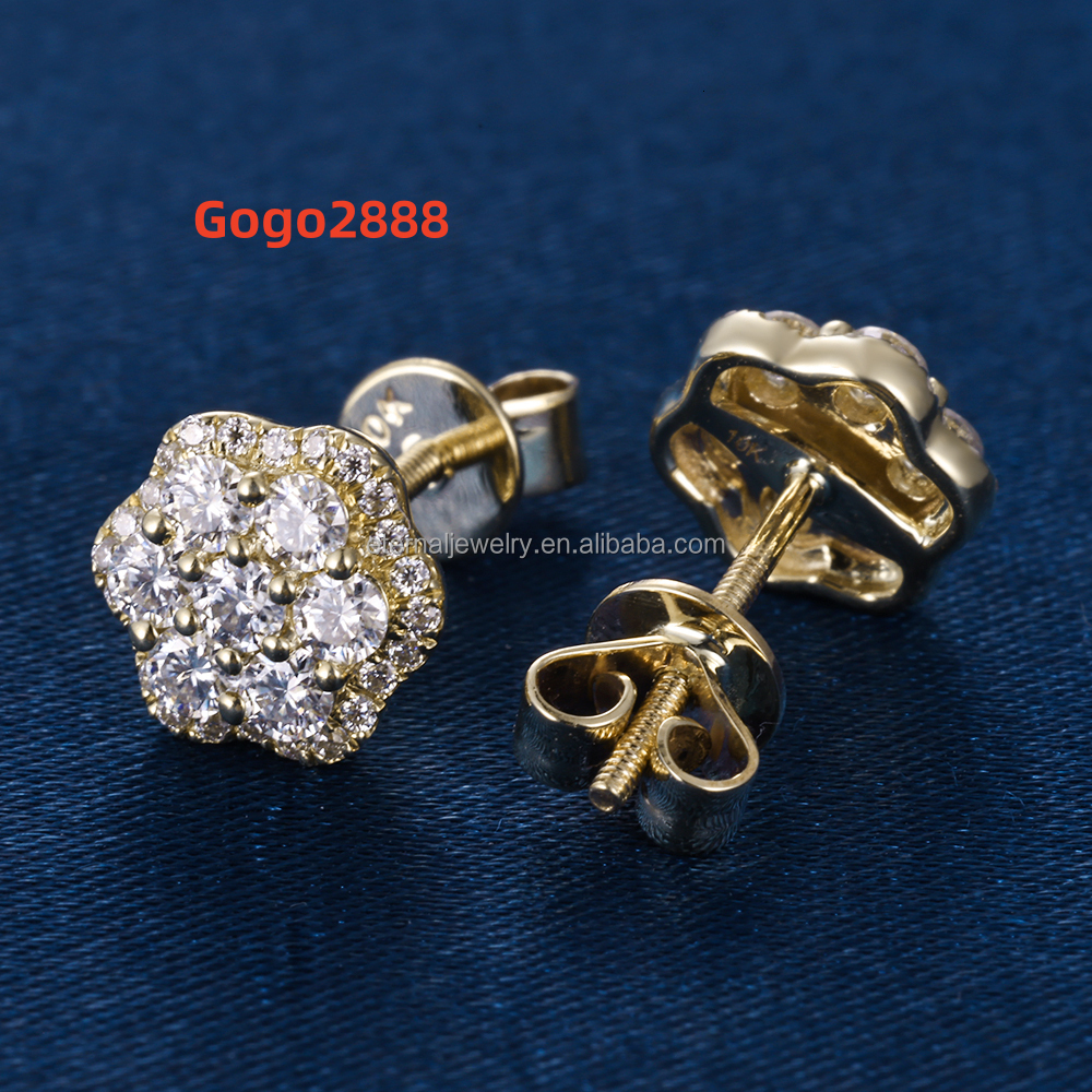 Hot Sale Trendy Pass Diamond Tester Jewelry 8mm 10mm 12mm 925 Silver 14k Solid Gold Cluster Flower Screw Back Stud Earrings