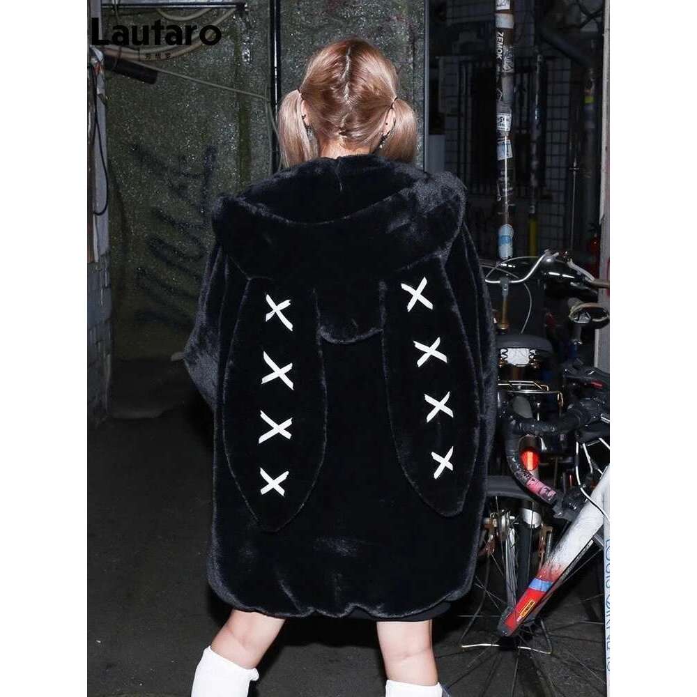 Lautaro Autumn Oversized Sweet Cute Soft Purple Black Faux Fur Coat Women with Bunny Ears Kawaii Loose Fluffy Jacket Hoodie 2023