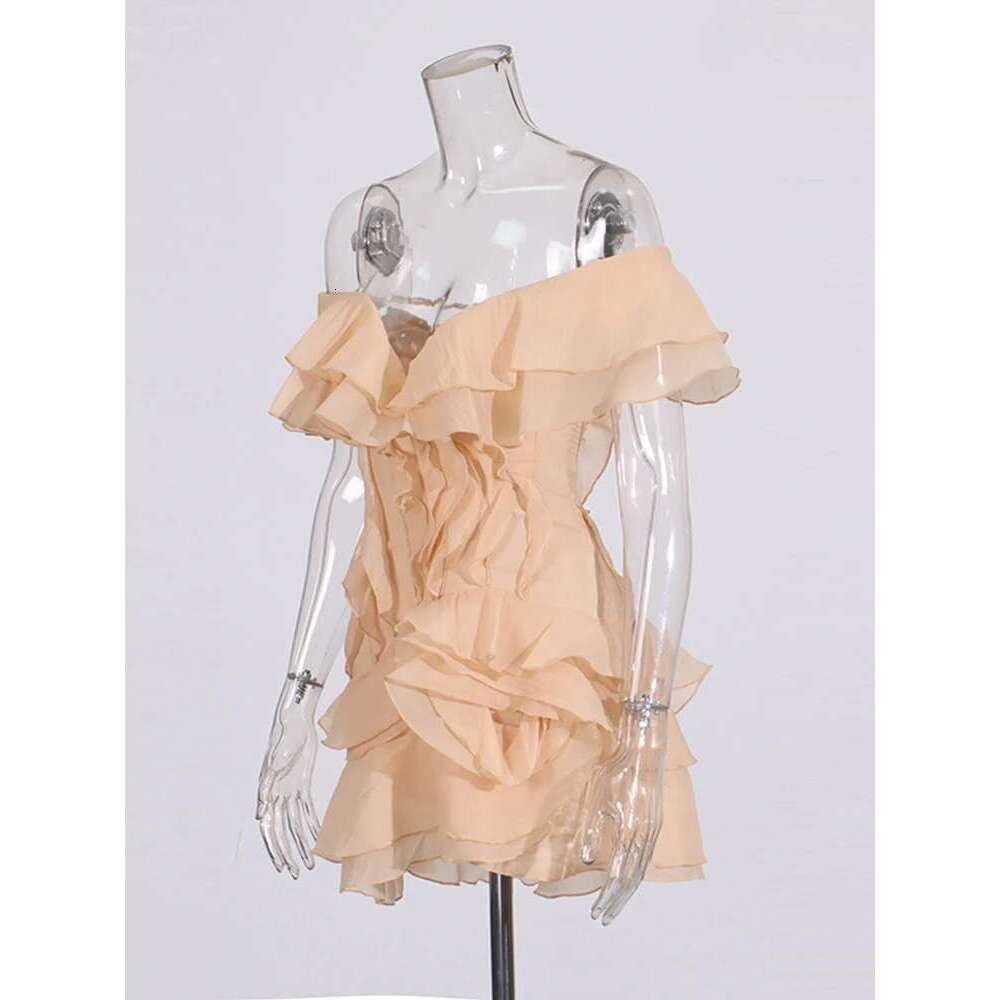 TWOTWINSTYLE Elegant Spliced Ruffles Mini Dress For Women Slash Neck Off The Shoulder Sleeve High Waist Chic Dresses Female New