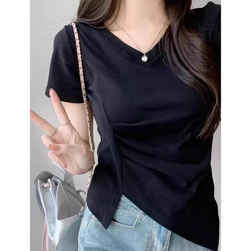 Pink Black Simple Solid Vneck Top Irregular Cinched Waist Slit Short Sleeved Tshirt Crop Wrinkled For Women Clothes Allmatch 250513